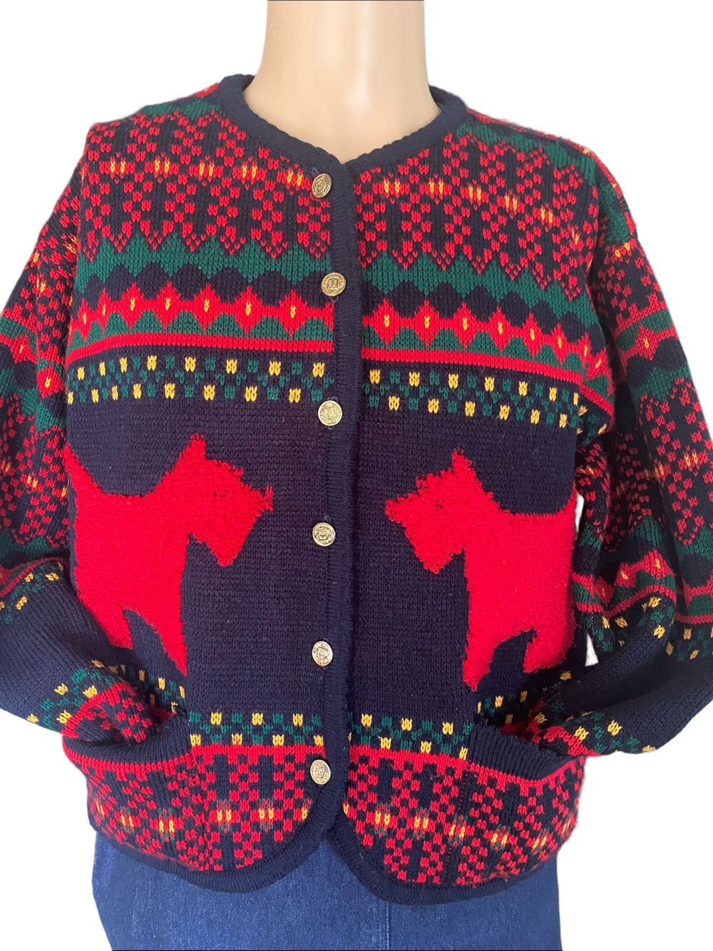 Tally- Ho vintage holiday Classic Navy Cardigan Sweater with Red Scottie Dogs